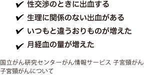進行してからあらわれる症状 | 性交渉のときに出血する・整理に関係のない出血がある・いつもと違うおりものが増えた・月経血の量が増えた | 国立がん研究センターがん情報サービス 子宮頸がん 子宮頸がんについて