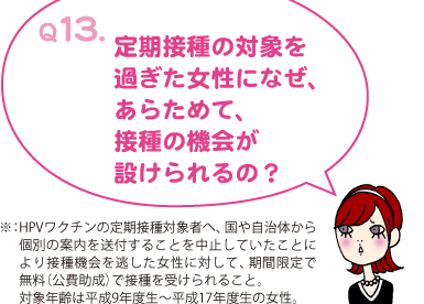 Q13. 定期接種の対象を過ぎた女性になぜ、あらためて、接種の機会が設けられるの? | ※HPVワクチンの定期接種対象者へ、国や自治体から個別の案内を送付することを中止していたことにより接種機会を逃した女性に対して、期間限定で無料(公費助成)で接種を受けられること。対象年齢は平成9年生~平成17年度生の女性