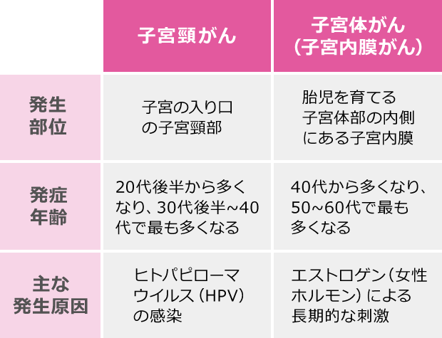 表：【子宮頸がん】発生部位-子宮の入り口の子宮頸部、発症年齢-20代後半から多くなり、30代後半～40代で最も多くなる、主な発生原因-ヒトパピローマウイルス（HPV）の感染 | 【子宮体がん（子宮内膜がん）】発生部位-胎児を育てる子宮体部の内側にある子宮内膜、発症年齢-40代から多くなり、50～60代で最も多くなる、主な発生原因-エストロゲン（女性ホルモン）による長期的な刺激