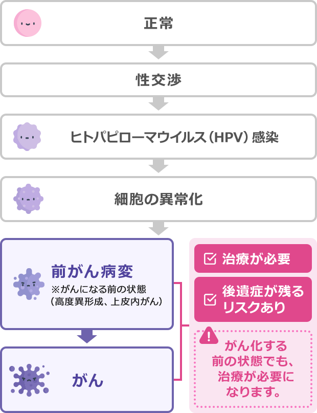 表：正常→性交渉→ヒトパピローマウイルス（HPV）感染→細胞の異常化→前がん病変（※がんになる前の状態（高度異形成、上皮内がん））→がん | 前がん病変とがん - 治療が必要・後遺症が残るリスクあり※がん化する前の状態でも、治療が必要になります