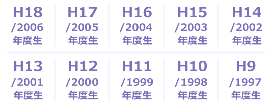 H18/2006年度生、H17/2005年度生、 H16/2004年度生、 H15/2003年度生、 H14/2002年度生、 H13/2001年度生、 H12/2000年度生、 H11/1999年度生、 H10/1998年度生、 H9/1997年度生
