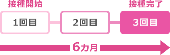 接種スケジュール：接種開始～接種完了（1回目～3回目：標準的な接種間隔の場合、接種完了までに、6カ月かかります）※接種スケジュールと接種回数はワクチンの種類により異なります。