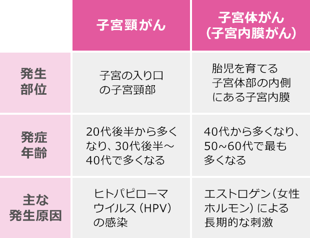 表：【子宮頸がん】発生部位-子宮の入り口の子宮頸部、発症年齢-20代後半から多くなり、30代後半～40代で多くなる、主な発生原因-ヒトパピローマウイルス（HPV）の感染 | 【子宮体がん（子宮内膜がん）】発生部位-胎児を育てる子宮体部の内側にある子宮内膜、発症年齢-40代から多くなり、50～60代で最も多くなる、主な発生原因-エストロゲン（女性ホルモン）による長期的な刺激