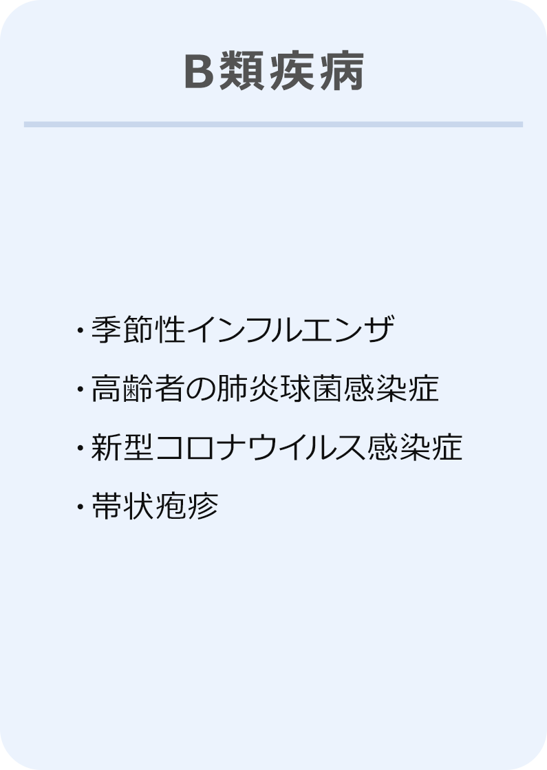 B類疾病：季節性インフルエンザ、高齢者の肺炎球菌感染症、新型コロナウイルス感染症、帯状疱疹