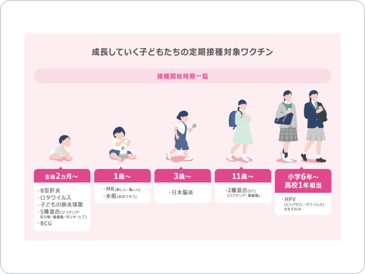 成長していく子どもたちの定期接種対象ワクチン｜接種開始時期一覧｜生後2か月～：B型肝炎、ロタウイルス、子どもの肺炎球菌、5種混合（ジフテリア・百日咳・破傷風・ポリオ・ヒブ）、BCG｜1歳～：MR（麻しん・風しん）、水痘（水ぼうそう）｜3歳～：日本脳炎｜11歳～：2種混合（DT）（ジフテリア・破傷風）｜小学6年～高校1年相当：HPV（ヒトパピローマウイルス）※女子のみ
